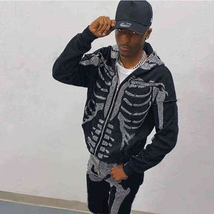 Sweats à capuche pour hommes Mode américaine Vente chaude Strass Squelette Imprimer Noir Y2k Gothique à manches longues Sweat à capuche zippé Veste surdimensionnée