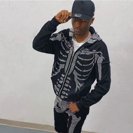 Hoodies voor heren American Fashion-selling Strass Skeleton Print Zwart Y2k Gothic Hoodie met lange mouwen en volledige rits Oversized sweatshirtjack