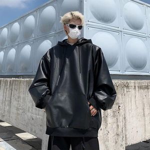 Sudaderas con capucha para hombre, Sudadera con capucha de motocicleta Hiphop de cuero Pu americano, chaquetas holgadas informales de nicho para parejas, ropa masculina