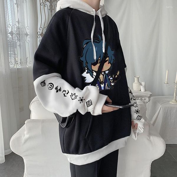 Sudaderas con capucha para hombre, dibujos animados de Anime, Kaeya Alberich Genshin Impact, divertido estampado gráfico azul, ropa de retazos, sudadera de cuello redondo de manga larga