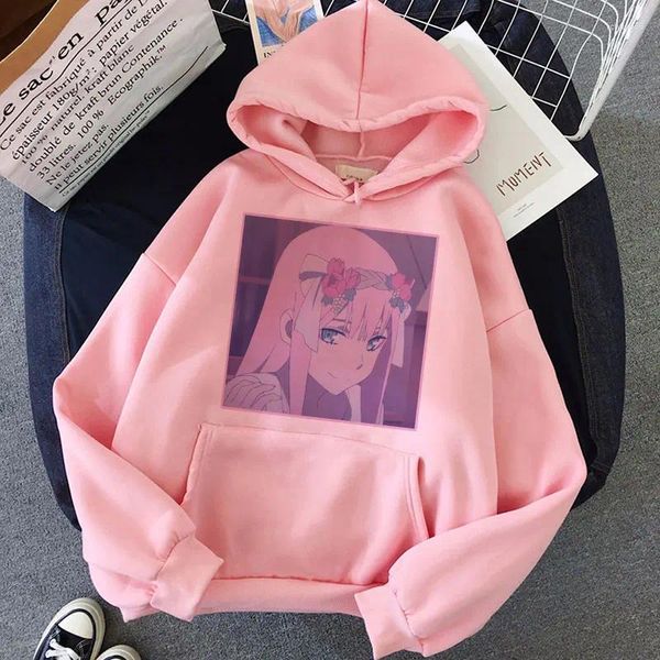 Sudaderas con capucha para hombre Anime Darling In The Franxx Zero Two estampado Kawaii con capucha para mujer sudadera de talla grande Harajuku para mujer jersey cálido rosa