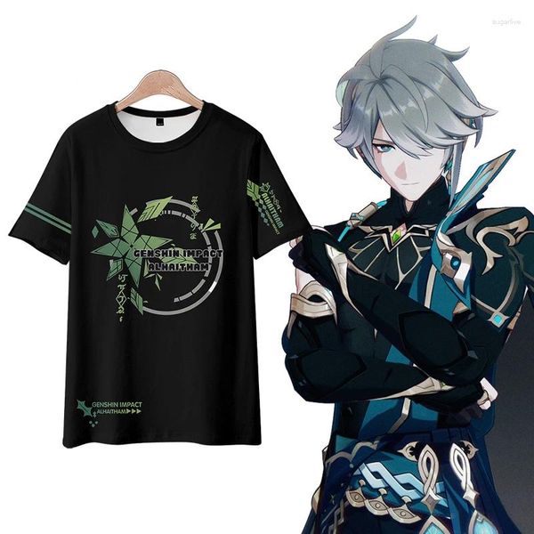 Sudaderas con capucha para hombre Anime Genshin Impact Camiseta de gran tamaño con estampado 3D Camiseta divertida de manga corta con cuello redondo de verano Camisetas gráficas Disfraz de cosplay de Alhaitham