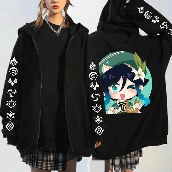 Sudaderas con capucha para hombre Anime Genshin Impact Barbatos Cremallera Mujeres Hombres Kawaii Impreso Harajuku Sudaderas Invierno Grueso Cálido Chaqueta con cremallera Abrigos