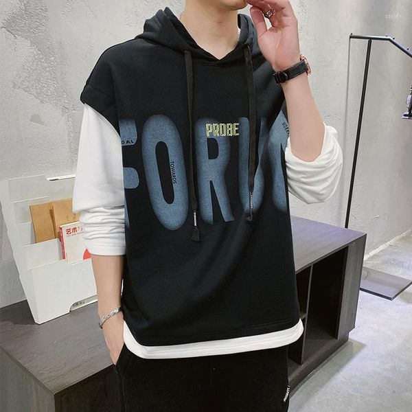 Sudaderas con capucha para hombre, suéter con capucha de otoño 2022 para hombre, moda coreana informal para vacaciones, prenda superior de dos piezas, camiseta de manga larga para hombre