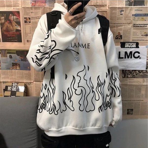 Sweats à capuche pour hommes automne et hiver coréen Harajuku Bf style rue hip-hop rétro imprimé flamme lâche à capuche couple plus pull en velours tendance