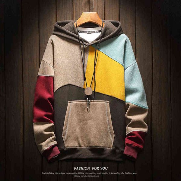 Sudaderas con capucha para hombre, suéter con capucha de otoño, moda de bloques de Color para hombre, sudaderas con capucha Retro japonesas de alta calidad