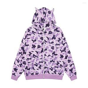 Hommes Hoodies Automne Hiver Camouflage Imprimer Polaire Avec Oreilles Zip Up Sweat Hommes Femmes Casual Lâche Cardigan À Capuche Violet