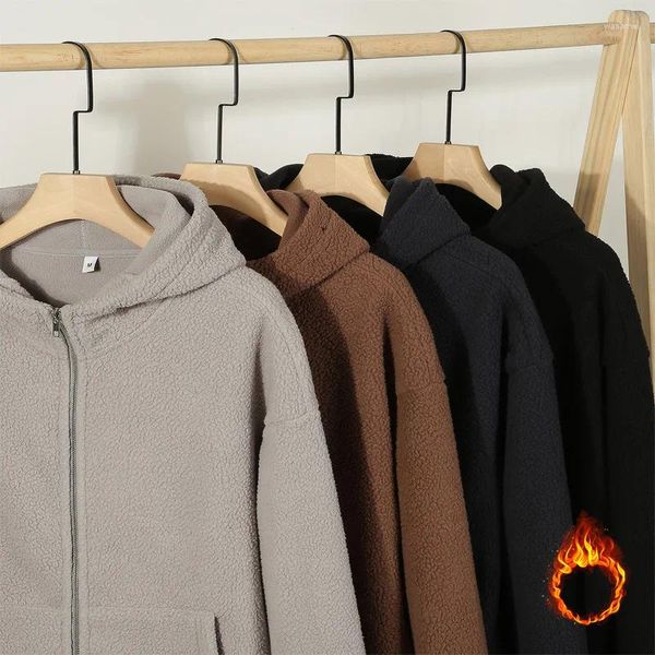 Sudaderas con capucha para hombre Otoño Invierno Sudadera con capucha Alta calidad 370 g Abrigo polar Hombro caído Manga larga suelta Cremallera Ropa masculina lisa