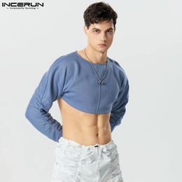 Heren Hoodies Ruglooze O-hals Lange mouw Mannelijke crop tops Street chic Effen Geplooid Mode Casual Sweatshirts INCERUN S-5XL 240106