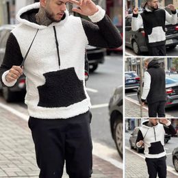 Hoodies voor heren Zwart-wit patchwork hoodie met dubbelzijdig fluwelen jack met trekkoord 2023 Loszittende herensweater