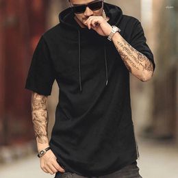Heren Hoodies Zwart vaste kleur Kap met korte mouwen Top losse hiphop boog zijkant ziper eenvoudige comfortabele casual t-shirt kleding