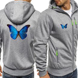 Mannen Hoodies Blauw Morpho Vlinder Afdrukken Mens Mode Streetwear Losse Zak Zip Up Sweatshirt Herfst Fleece Hoody Mannen