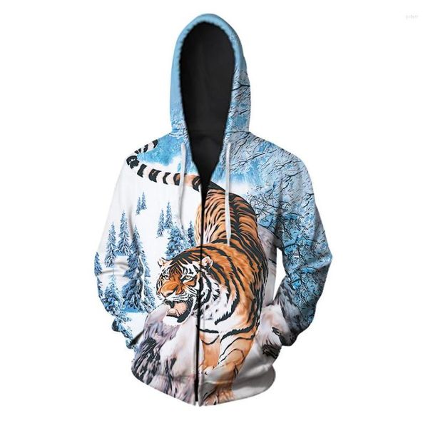 Sweat à capuche pour hommes, marque de personnalité animale, imprimé tigre 3d, fermeture éclair, Hip-hop, décontracté, veste à manches longues, 2023