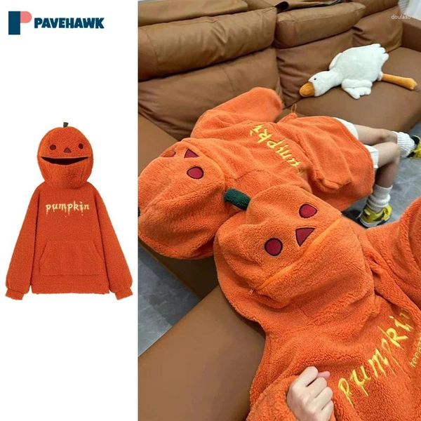 Sweats à capuche pour hommes dessin animé citrouille laine d'agneau vestes à capuche homme femme américain rétro drôle unisexe épaissir polaire manteaux moelleux Halloween