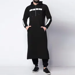 Hoodies masculinos casual de manga comprida com capuz cordão longo moletom vintage moda listrado bolso robe solto pulôver casaco