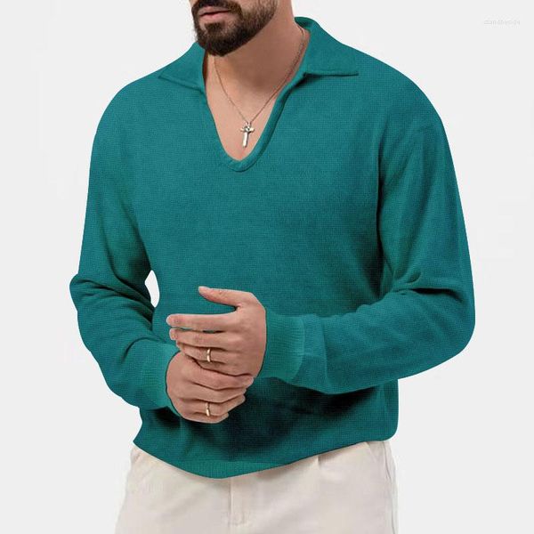 Sudaderas con capucha para hombre Sudadera de punto de gofre suelta informal Ropa de otoño para hombre Manga larga Color puro Solapa Jersey de punto Top Moda para hombre