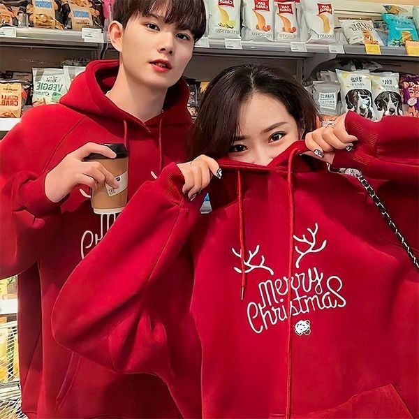 Hommes Hoodies Noël Rouge À Capuche Hommes Polaire Automne Et Hiver Pull Elk Imprimer Pour Casual Couple Lâche Vêtements Mode Coréenne