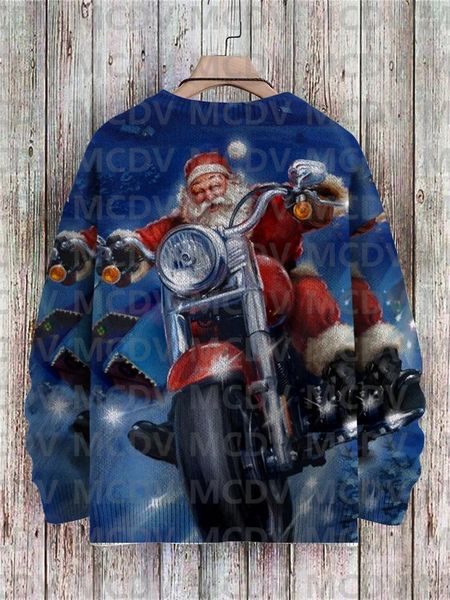 Sweats à capuche pour hommes Noël Père Noël chevauchant une moto Pull en tricot imprimé pour femmes