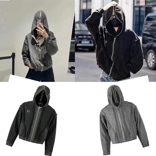 Hoodies masculins Classic Fashion 23s poids lourd lavé à glissière endommagée à la main d'automne / chair à capuche hiver