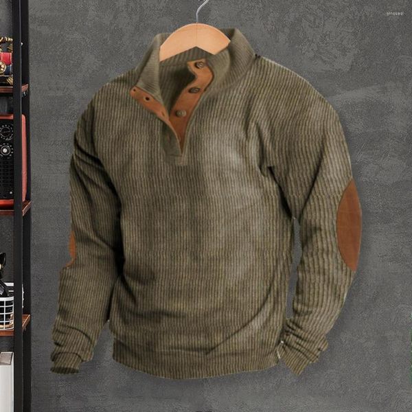 Sudaderas con capucha para hombre, cuello, botón, decoración, parte superior, bloque de color Retro, suéter suelto Vintage, sudadera con soporte con contraste para otoño