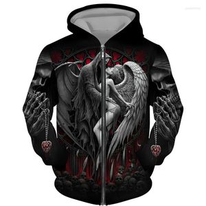 Sweat ￠ capuche masculin Tatouage de cr￢ne cool 3D Hoodie noir imprim￩ complet / veste Unisexe Gothic Zip Sweatshirt Personnalit￩ Pullover Men's Pullover Streetwear