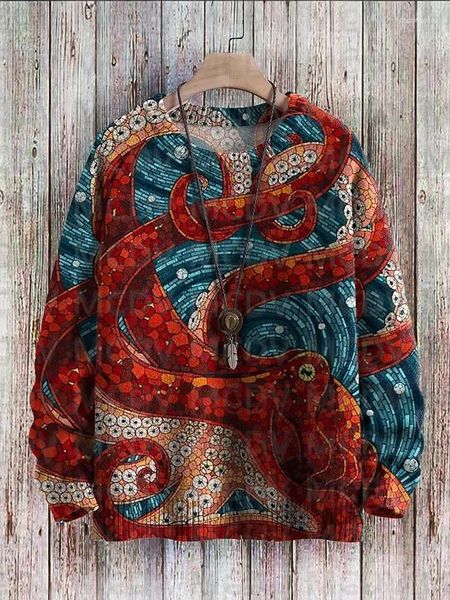 Sudaderas con capucha para hombre, suéter de punto informal con estampado artístico de mosaico de pulpo rojo bonito, suéter para mujer