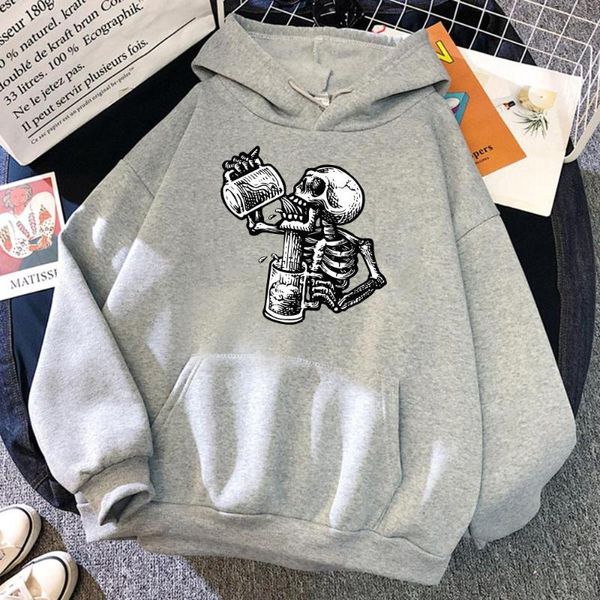 Sudaderas con capucha para hombre estilo oscuro esqueleto bebiendo cerveza hombre otoño ropa suave Harajuku sudaderas cálidas moda Casual para hombre de manga larga