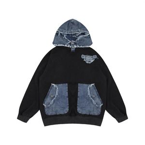 Heren Hoodies Denim Patchwork Oversized Hoodie Mannen Hip Hop Sweatshirt Met Capuchon Streetwear Losse Y2K Trui Jas Mannelijke