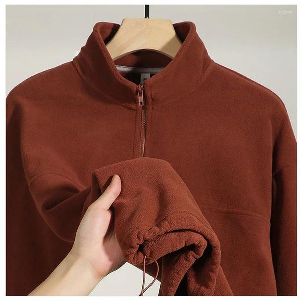 Sudaderas con capucha para hombre, jerseys cálidos de lana de doble cara, sudadera de cuello alto con media cremallera para hombre, chaquetas de calle con dobladillo con cordón sólido, Tops masculinos