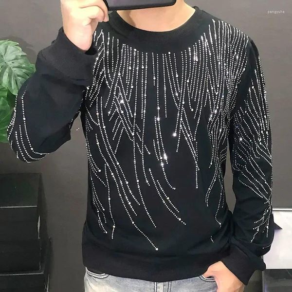 Sweats à capuche pour hommes automne brillant forage t-shirt Homme Streetwear pull hommes personnalité Club tenues scène paillettes strass t-shirt