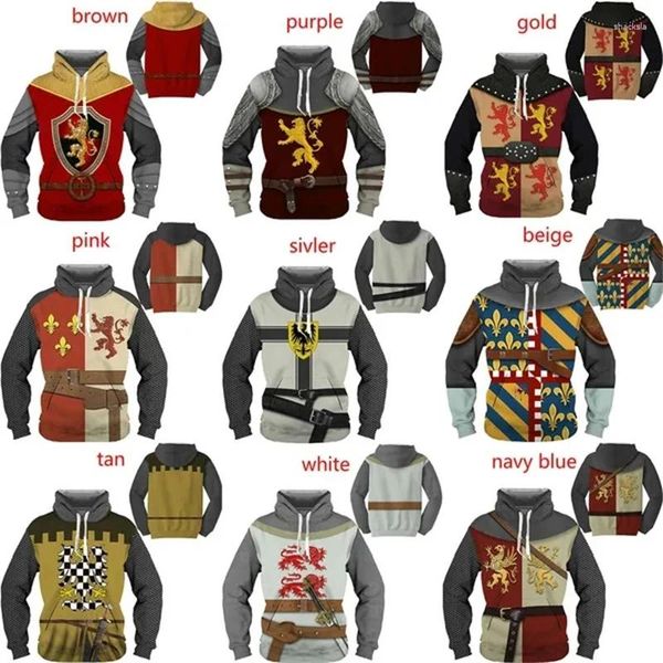 Hoodies masculin mode 3d imprime cosplay pullor rétro style knight armour motif sweats-shirts à capuche cool tops