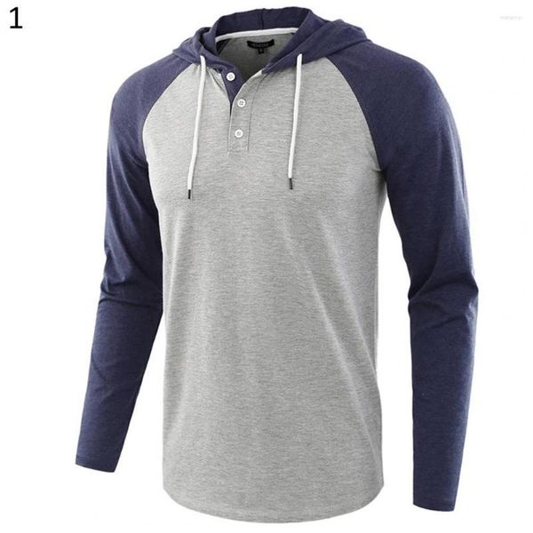 Sudaderas con capucha para hombre Sudadera con capucha de moda Chándal para hombre Ropa deportiva Manga raglán larga Botones de bloque de color Sudadera con capucha con cordón 2022