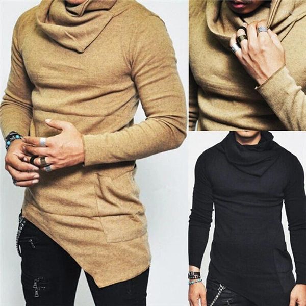 Sweat à capuche pour hommes, mode, Long ourlet asymétrique, manches de poche, automne hiver, hauts à col roulé