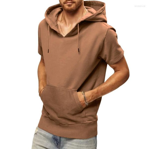 Sudaderas con capucha de los hombres de moda suelta de manga corta con capucha sólida para hombre Primavera Verano Casual cuello en V sudaderas con capucha para hombres ropa ocio Tops