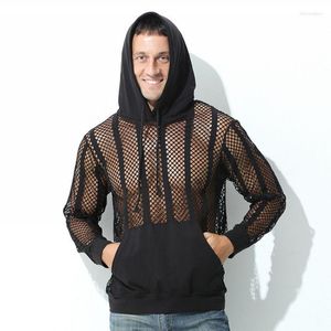 Heren Hoodies Mode Multicolor Sexy Holle Mesh Hooded Trui Persoonlijkheid Splicing Doorzichtige Jassen Jas Mannelijke Kleding