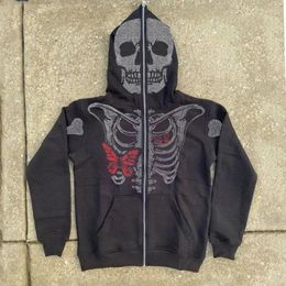 Heren Hoodies Full Zip Hoodie Mannen Y2K Streetwear Hip Hop Sweatshirts Vrouwen Oversized Strass Skelet Jassen Tiener Gothic Kleding