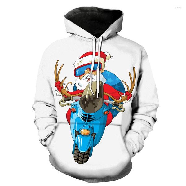 Sweats à capuche pour hommes Impression 3D drôle Elk de Noël Vieil homme chevauchant un sweat à capuche de moto Derniers hommes / femmes Automne Loisirs Sweat Blanc