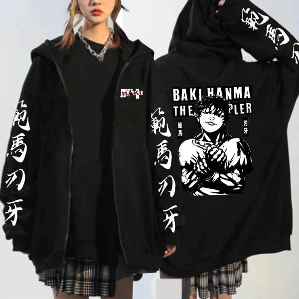 Sudaderas con capucha para hombre, divertidas sudaderas de Anime Baki Hanma con cremallera para hombre y mujer, ropa creativa suave y cálida de invierno, chaqueta negra de gran tamaño Harajuku, abrigos