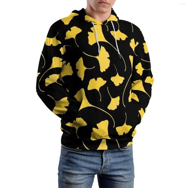 Sudaderas con Capucha para Hombre Ginkgo Biloba Pareja Informal Estampado de Hojas Amarillas Sudaderas gráficas Bonitas Otoño Manga Larga Sudadera con Capucha clásica de Gran tamaño