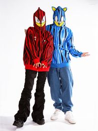 Sweats à capuche pour hommes Bonne qualité Full Face Zip Anime Cartoon Hérisson Camouflage Zipper Up Streetwear Rouge Couple Hoodie