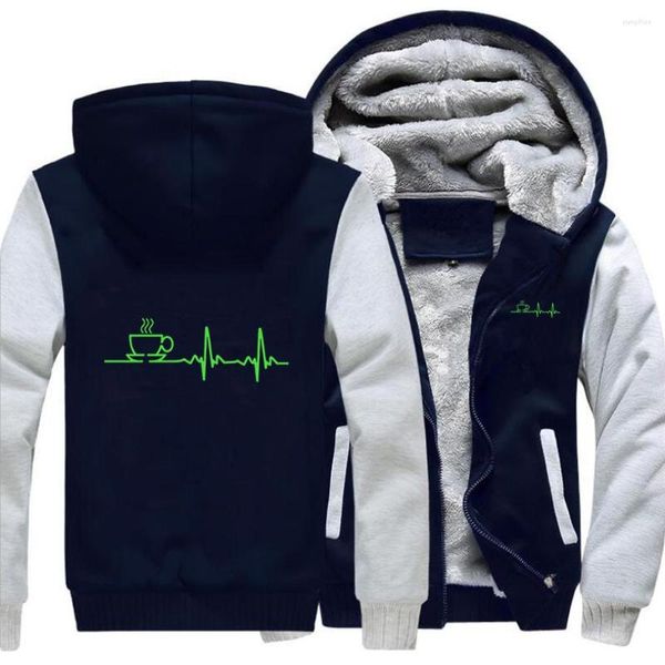 Sweats à capuche pour hommes vert café électrocardiogramme sweat à capuche décontracté rue hiver chaud épais vestes haut hommes imprimé pull ajusté sweat manteau