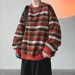 Sweat à capuche pour hommes, Harajuku, rayé, couleur contrastée, manches longues, pull ample, garde au chaud, doux, élastique, col rond, tricot d'hiver