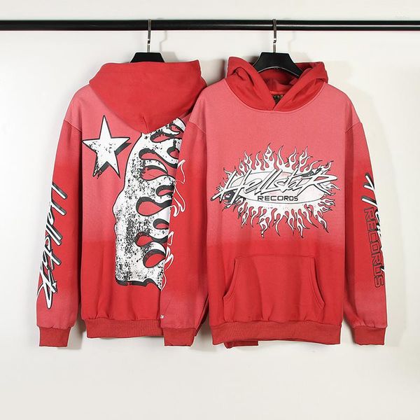 Sudaderas con capucha para hombre Hellstar High Street Ins Vintage Mud Print Sudadera con capucha roja cepillada para hombres y mujeres sueltas