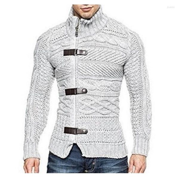 Sweats à capuche pour hommes col haut 3 boucles en cuir à manches longues hauts tricotés pour l'automne et l'hiver Slim Zipper Cardigan veste hommes