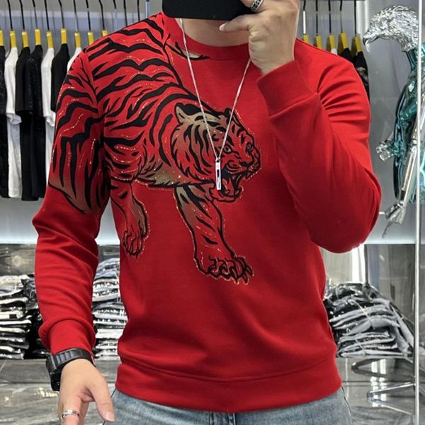 Sudaderas con capucha para hombres Diamantes de imitación de alta calidad Tendencia de personalidad Europea Camiseta de manga larga Caída de lujo Patrón de diamante de tigre Cuello redondo