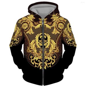 Sweats à capuche pour hommes High Street Golden Pattern Rétro Luxe Imprimé Zip Up Manteau Unisexe Sweat À Capuche Harajuku Surdimensionné Veste Mince Pour Hommes