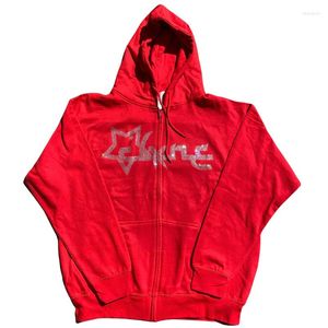 Hommes Hoodies Hip Hop Grunge Sweat Mode Coréenne Punk Sport Manteau Pull Strass Gothique Lettre À Manches Longues Zip À Capuche Y2K Veste