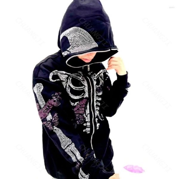 Sudaderas con capucha para hombre Hip Hop Joggers Punk Sport Coat Pullover Skeleton Rhinestone Gothic manga larga Zip Hoodie Y2k Jacket Men Top sudadera