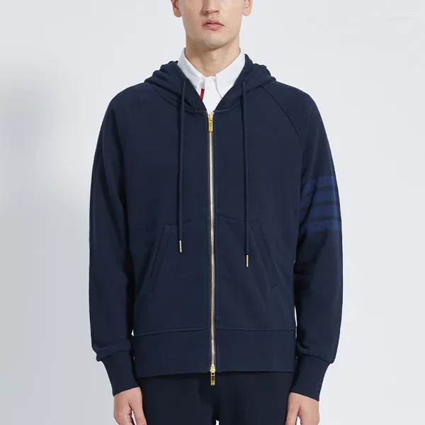 Sweat à capuche pour hommes, haute qualité, 4 bandes, fermeture éclair sur le devant, marque de mode, coton, couleur unie, hauts décontractés