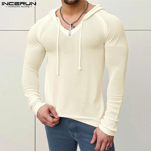 Sudaderas con capucha para hombre INCERUN Tops 2024 moda Sexy cuello en V malla ligeramente transparente Casual masculino Sudadera con capucha de manga larga sudaderas S-2XL